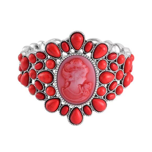 Red Howlite Cameo Bangle Bracelet in Silvertone (7") 26.00 ctw - Picture 1 of 4
